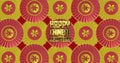 Animation of happy chinese new year ext over lanterns and chinese pattern on yellow background