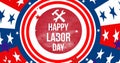 Animation of happy labor day text over stars and cricles coloured with flag of usa