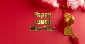 Animation of happy lunar new year ext over chinese pattern on red background