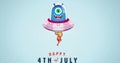 Animation of happy 4th of july text with smiling allien over blue background