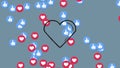 Animation of a heart icons over emojis flying on gry background