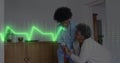 Animation of heart rate monitor over diverse female healthworker helping senior woman to walk