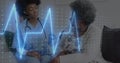 Animation of heart rate monitor over diverse female healthworker talking to senior woman at home