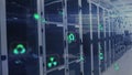 Animation of icons and computer language with lens flares over data server racks in server room