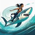 ANIMATION ILLUMINATION OF DIVER RIDING A SHARK VECTOR with white background Royalty Free Stock Photo