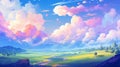 Dreamy Anime Landscape With Pink Sky And Azure Clouds