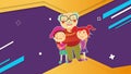 Animation of illustration of happy grandad embracing grandchildren, with colourful shapes on purple