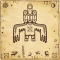 Animation image of ancient pagan deity. God, idol, totem. Bird with three human faces.