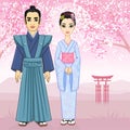 Animation Japanese family in ancient clothes.