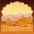 Animation landscape: the ancient Indian city: temples, palaces, dwellings, river bank.