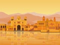 Animation landscape: the ancient Indian city: temples, palaces, dwellings, river bank. Royalty Free Stock Photo