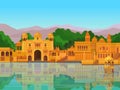 Animation landscape: the ancient Indian city: temples, palaces, dwellings, river bank.