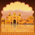 Animation landscape: the ancient Indian city: temples, palaces, dwellings, river bank. Royalty Free Stock Photo