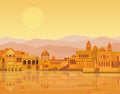 Animation landscape: the ancient Indian city: temples, palaces, dwellings, river bank. Royalty Free Stock Photo