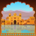 Animation landscape: the ancient Indian palace on the river bank. Royalty Free Stock Photo