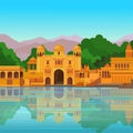 Animation landscape: the ancient Indian palace on the river bank.