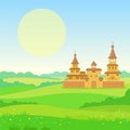 Animation landscape: green valley, ancient Slavic city, tower, fence, churches.