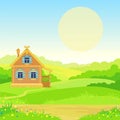 Animation landscape: green valley, ancient Slavic rural house, the blossoming meadow.