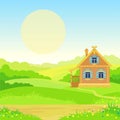 Animation landscape: green valley, ancient Slavic rural house, the blossoming meadow.