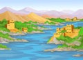 Animation landscape: river, ancient east city, mountains.