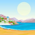 Animation landscape: sea coast, mountains, ancient city port.