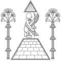 Animation linear drawing: Divine Falcon sits atop pyramid. Ornamental trees.