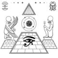 Animation linear drawing: Egyptian pyramid, god Ra in image bird sacred falcon and a person.