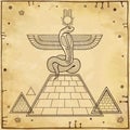 Animation linear drawing: God Apop (Sacred winged Serpent) sits atop the pyramid.