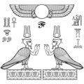 Animation linear drawing: set of Egyptian symbols. Falcon with a human head and hands. Royalty Free Stock Photo