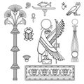 Animation linear drawing: set of Egyptian symbols. Sacred bird is the god of Gore.