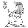 Animation linear portrait of beautiful Egyptian woman holds a flower in his hands.