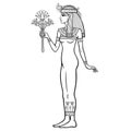 Animation linear portrait: beautiful Egyptian woman stands with a bouquet of flowers in hand.