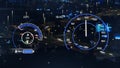 Animation of loading speedometers and battery icons over time lapse of moving vehicles in city