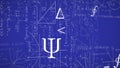 Animation of mathematical symbols, sums and drawings over blue background