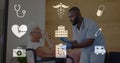 Animation of medical icons over diverse male healthworker helping senior female patient to breathe