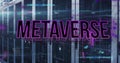 Animation of metaverse text over soundwaves against server racks in server room