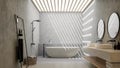 Animation of minimal style loft bathroom with natural light from a large skylight 3d render