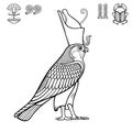 Animation monochrome drawing: sacred Egyptian Falcon bird in crown. God Horus - deity of heaven and sun.