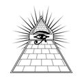 Animation monochrome drawing: symbol of Egyptian pyramid, eye of Horus, divine shining sun.