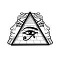 Animation monochrome drawing: symbol of Egyptian pyramid, eye of Horus, profile of the pharaoh.