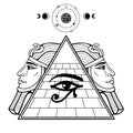 Animation monochrome drawing: symbol of Egyptian pyramid, eye of Horus, profile of the pharaoh.