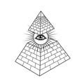 Animation monochrome drawing: symbol of Egyptian pyramid inside a shining sun and an all-seeing eye.