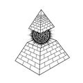 Animation monochrome drawing: symbol of  Egyptian pyramid with a separate vertex and burning ball inside. Royalty Free Stock Photo