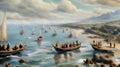 animation, motion effect, a painting of people on boats in the water (60 fps 17 sec)