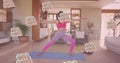 Animation of multiple grl power text over biracial women practicing yoga