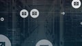 Animation of multiple messsage icons floating and data processing against computer server room