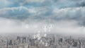 Animation of multiplying people icons moving over modern cityscape and cloudy sky