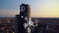 Animation of multiplying people icons moving over modern cityscape at sunset