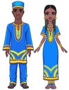 Animation portrait of the African family in bright ethnic clothes. Full growth. Royalty Free Stock Photo