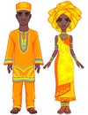 Animation portrait of the African family in bright ethnic clothes. Full growth. Royalty Free Stock Photo